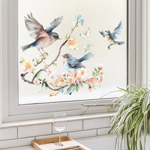 Aquarel Perzikbloesem Takken En Vogels Statische Venstersticker PVC Zelfklevend Lente Bloem Glas Decoratie Voor Huis