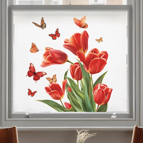 Tulip Butterfly Statisch Klevende Vensterfolie Rode Bloem UV Gedrukte PVC Vensterstickers Voor Glazen Deur Decor
