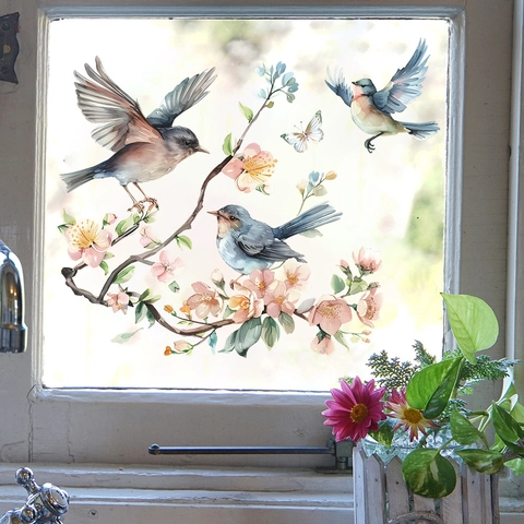 Aquarel Perzikbloesem Takken En Vogels Statische Venstersticker PVC Zelfklevend Lente Bloem Glas Decoratie Voor Huis