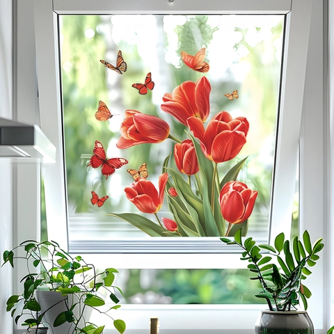 Tulip Butterfly Statisch Klevende Vensterfolie Rode Bloem UV Gedrukte PVC Vensterstickers Voor Glazen Deur Decor