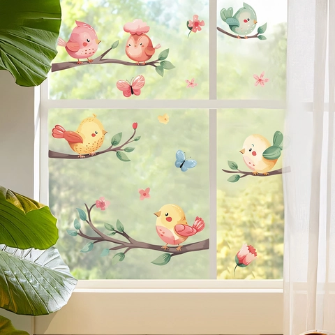 Cartoon Leuke Vogels Boomtak Vensterstickers Kleurrijke Vlinders Bloemen Glasstickers PVC Decoratie Voor Thuis