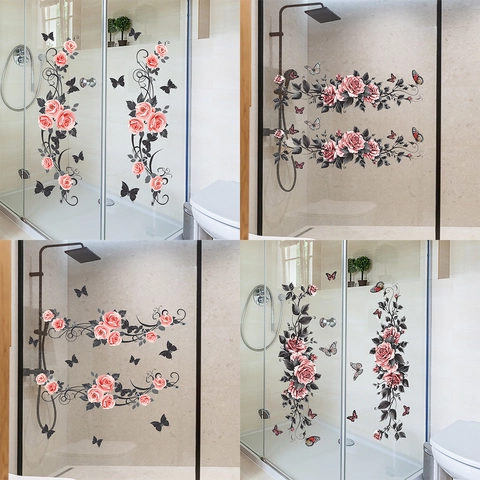 Pink Rose Butterfly Static Window Stickers PVC Floral Decorative Wall Decals For Glass Bathroom Decor Elegant Vine Art