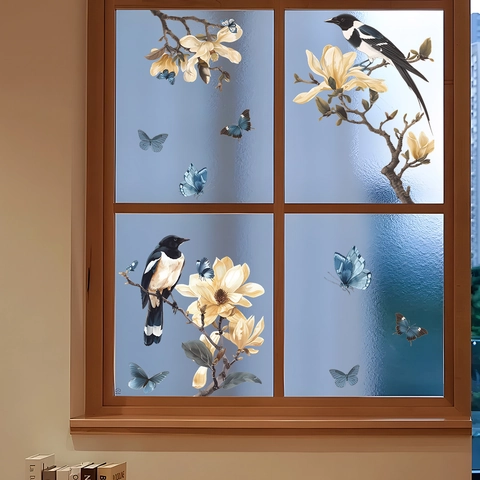 Chinesischer Stil Elster Magnolie Blume Statisch Haftend Fensteraufkleber Vogel Schmetterling Muster Glasdekor Für Wohnzimmer