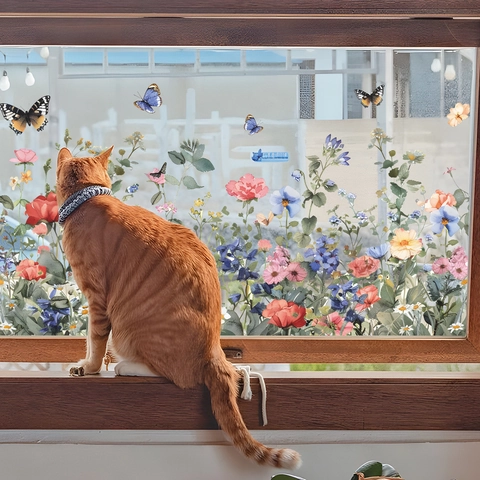 Aquarell Bunte Pflanzen Blumen Schmetterling Statische Fensterfolie PVC Dekorative Glas Aufkleber Für Wohnzimmer Schlafzimmer