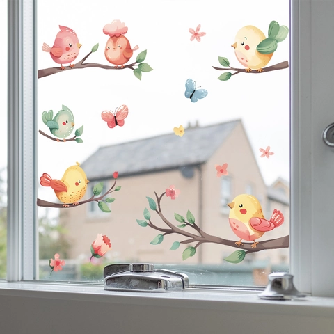 Cartoon Leuke Vogels Boomtak Vensterstickers Kleurrijke Vlinders Bloemen Glasstickers PVC Decoratie Voor Thuis