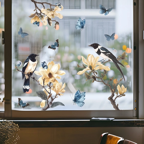 Chinesischer Stil Elster Magnolie Blume Statisch Haftend Fensteraufkleber Vogel Schmetterling Muster Glasdekor Für Wohnzimmer
