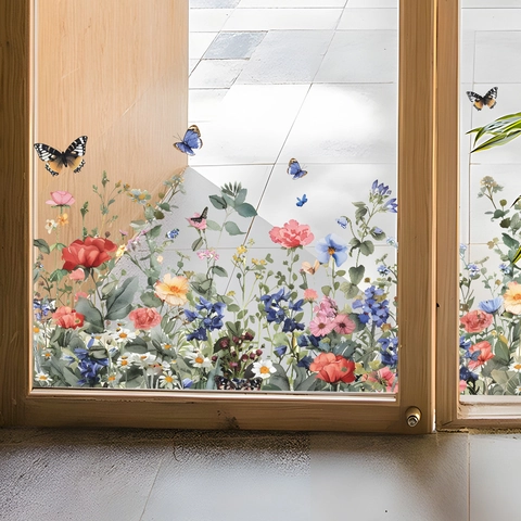 Aquarell Bunte Pflanzen Blumen Schmetterling Statische Fensterfolie PVC Dekorative Glas Aufkleber Für Wohnzimmer Schlafzimmer