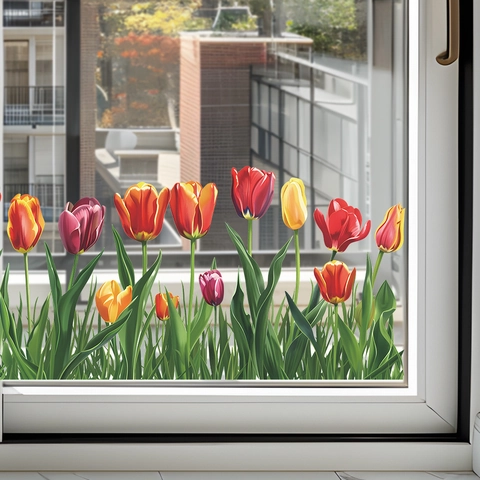 Kleurrijke Tulp Bloem Venstersticker Statische PVC Glasfolie Florale Rand Decor Voor Huis Keuken Woonkamer Badkamer