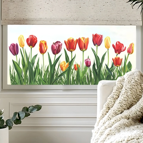 Kleurrijke Tulp Bloem Venstersticker Statische PVC Glasfolie Florale Rand Decor Voor Huis Keuken Woonkamer Badkamer