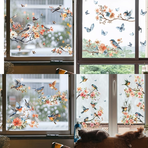 Watercolor Flower Branch Bird Butterfly Window Sticker Static Cling PVC Glass Decal For Home Living Room Bedroom Decoration