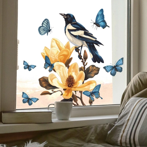 Magnolia Takken Vogel Statische Venstersticker UV Geprint Glasfolie Vlinder Bloemen Decor Voor Thuis Woonkamer