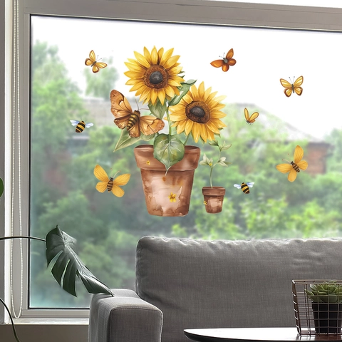 Sunflower Butterfly Static Cling Window Stickers Potted Plant Floral Decals For Glass Surface Home Decor No Glue Removable