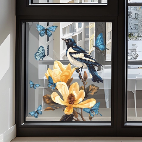 Magnolia Takken Vogel Statische Venstersticker UV Geprint Glasfolie Vlinder Bloemen Decor Voor Thuis Woonkamer