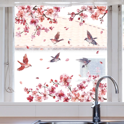 Aquarell Kirschblüte Zweig Vögel Statische Fensteraufkleber PVC Abnehmbare Blume Aufkleber Für Glastür Home Dekoration