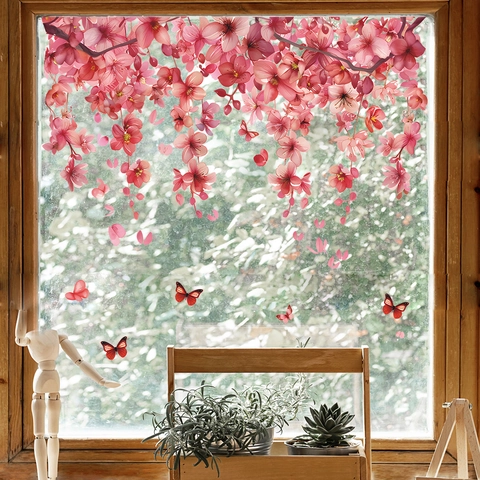 Pink Cherry Blossom Butterfly Static Cling Window Sticker PVC Decorative UV Printed Removable Glass Decal For Home Bedroom
