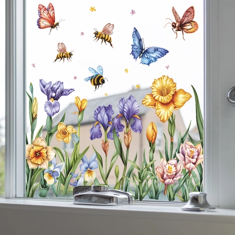 Statische Bloem Vlinder Venstersticker PVC Dubbelzijdige Florale Decoratie Voor Glasraam Spiegel Huisdecoratie