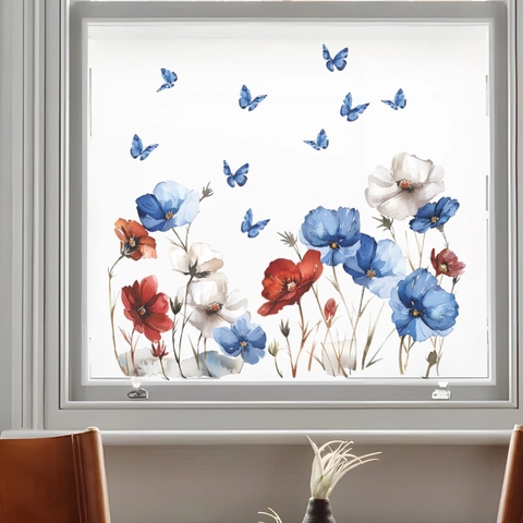 Aquarell Blume Schmetterling Fensterfolie Statisch Haftend Aufkleber Glas Deko Mohnblume Floral Dekoratives Abziehbild