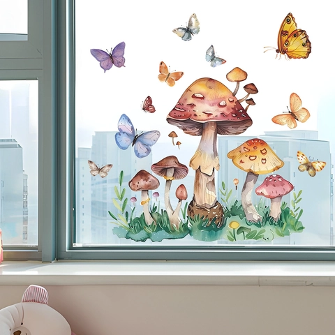 Aquarell Pilz Schmetterling Statisch Haftende Fensteraufkleber Abnehmbare PVC Dekorative Aufkleber Für Glasfenster Zuhause Deko