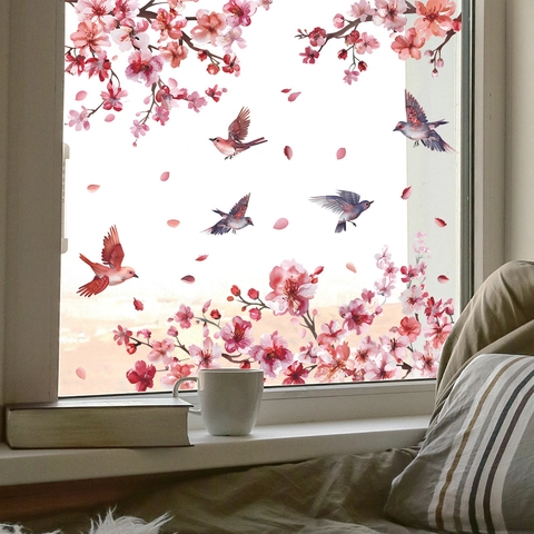 Aquarell Kirschblüte Zweig Vögel Statische Fensteraufkleber PVC Abnehmbare Blume Aufkleber Für Glastür Home Dekoration