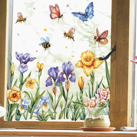 Statische Bloem Vlinder Venstersticker PVC Dubbelzijdige Florale Decoratie Voor Glasraam Spiegel Huisdecoratie