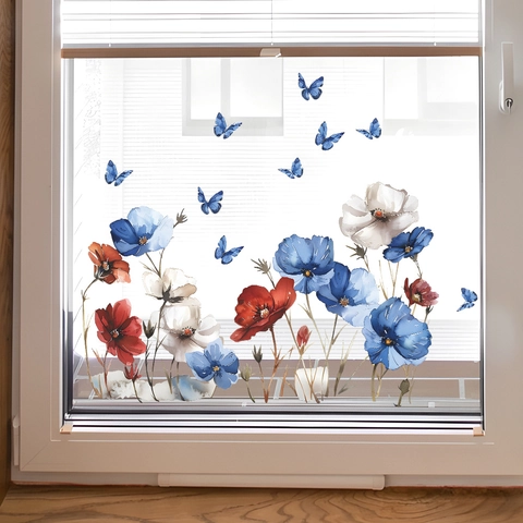 Aquarell Blume Schmetterling Fensterfolie Statisch Haftend Aufkleber Glas Deko Mohnblume Floral Dekoratives Abziehbild