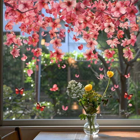 Pink Cherry Blossom Butterfly Static Cling Window Sticker PVC Decorative UV Printed Removable Glass Decal For Home Bedroom
