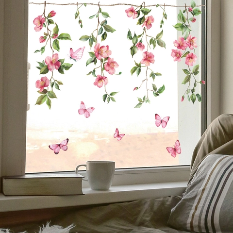 Adesivo per Finestra Statico con Rami di Fiori e Farfalle ad Acquerello Decalcomanie Decorative in PVC per Vetro Casa