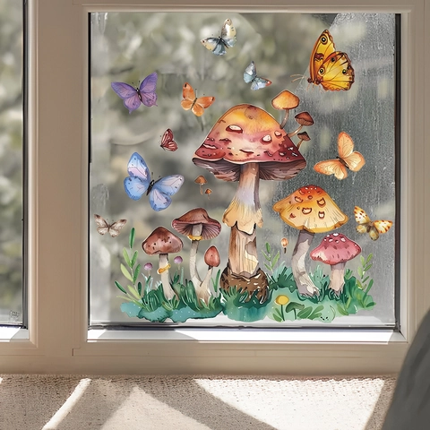 Aquarell Pilz Schmetterling Statisch Haftende Fensteraufkleber Abnehmbare PVC Dekorative Aufkleber Für Glasfenster Zuhause Deko