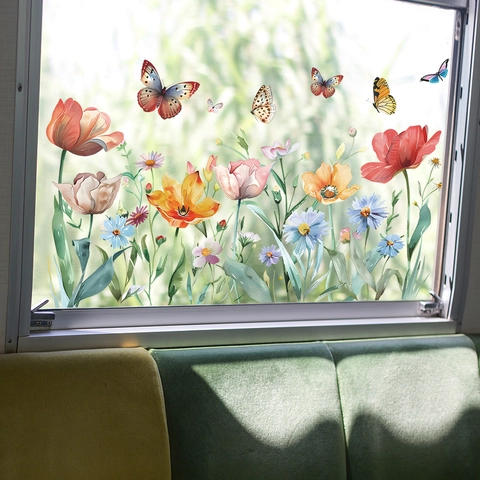 Fresh Watercolor Flower Butterfly Static Cling Window Sticker Decorative Glass Film For Home Living Room Bedroom Decoration
