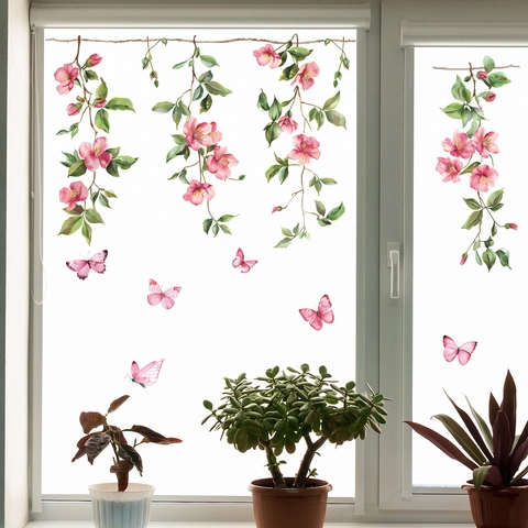 Adesivo per Finestra Statico con Rami di Fiori e Farfalle ad Acquerello Decalcomanie Decorative in PVC per Vetro Casa