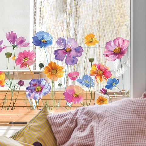 Aquarel Bloem Venstersticker Statische Glassticker PVC Floraal Blad Decor Voor Thuis Woonkamer Slaapkamer Decoratie