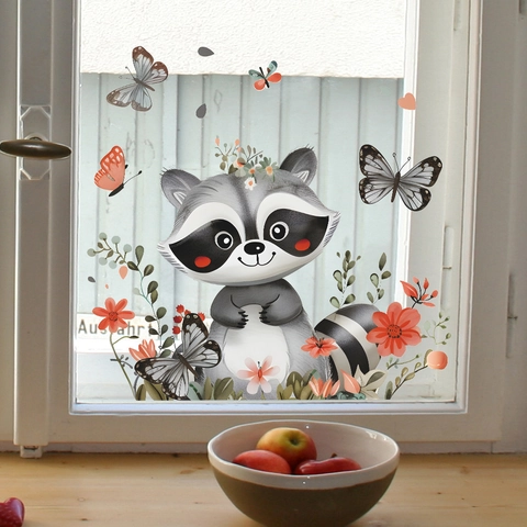 Cartoon Raccoon Butterfly Flower Static Cling Window Sticker PVC Home Glass Decoration Removable Nursery Wall Decal