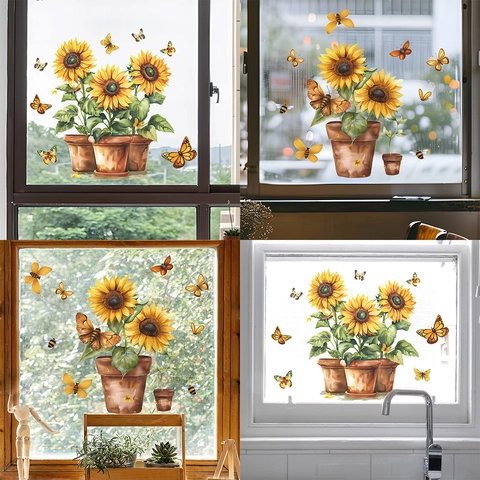 Sunflower Butterfly Static Cling Window Stickers Potted Plant Floral Decals For Glass Surface Home Decor No Glue Removable