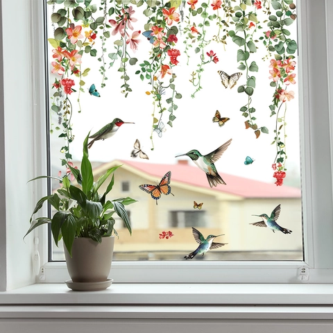 Kolibrie Vlinder Plant Bloem Rank Statische Raamsticker PVC UV-Blokkerende Decoratieve Glasfolie Voor Huisdecoratie