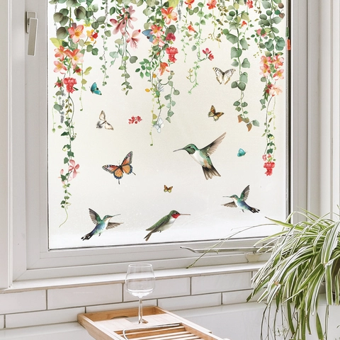 Kolibrie Vlinder Plant Bloem Rank Statische Raamsticker PVC UV-Blokkerende Decoratieve Glasfolie Voor Huisdecoratie