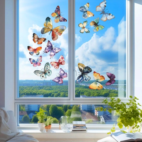Aquarel Kleurrijke Vlinder Statische Kleving Vensterstickers Verwijderbare PVC Glas Decals Voor Huis Woonkamer Slaapkamer Decoratie