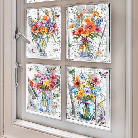 Aquarell Blumen Vase Fensterbilder Schmetterling Statisch PVC Aufkleber Für Glasfenster Wohnzimmer Dekoration