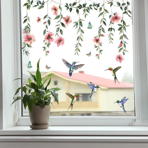 Aquarel Kolibrie Vensterstickers Groene Plant Bloem Rank Statisch Klevende Glasstickers Voor Huisdecoratie Woonkamer Slaapkamer