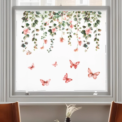 Adesivi per Finestre ad Aderenza Statica Vite Pianta Verde Fiore Rosa Farfalla Impermeabile Decalcomania Decorativa