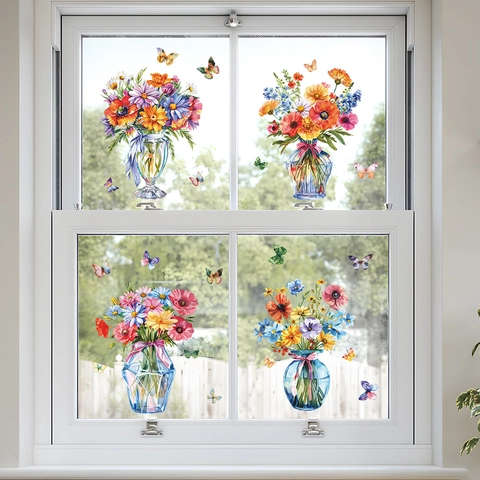 Aquarell Blumen Vase Fensterbilder Schmetterling Statisch PVC Aufkleber Für Glasfenster Wohnzimmer Dekoration