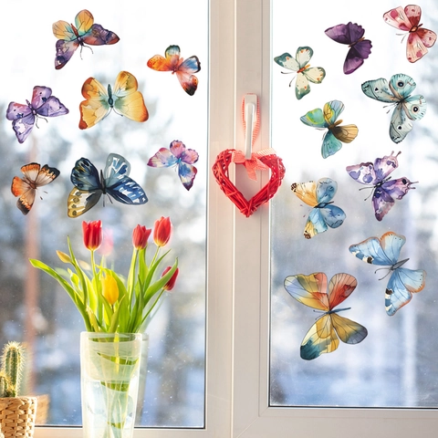 Aquarel Kleurrijke Vlinder Statische Kleving Vensterstickers Verwijderbare PVC Glas Decals Voor Huis Woonkamer Slaapkamer Decoratie
