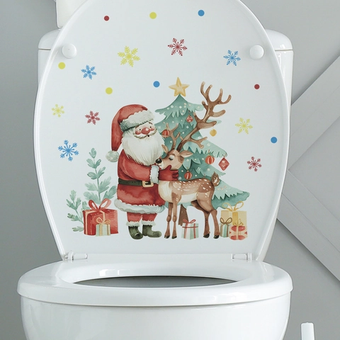 Kerstmis Kerstman Rendier Toiletsticker Aquarel PVC Waterdicht Badkamer Muursticker Vakantie Huisdecoratie