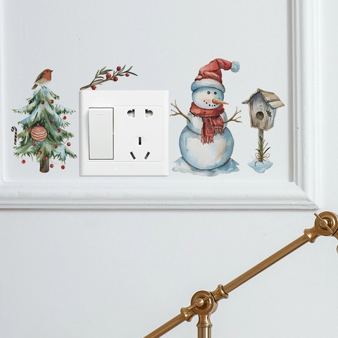 Christmas Snowman Christmas Tree Wall Stickers PVC Watercolor Style Festive Switch Decals For Home Decor Living Room Bedroom