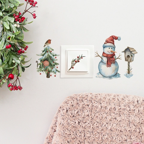 Christmas Snowman Christmas Tree Wall Stickers PVC Watercolor Style Festive Switch Decals For Home Decor Living Room Bedroom