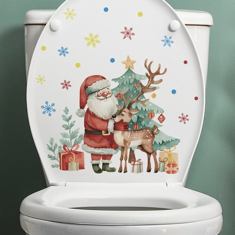 Kerstmis Kerstman Rendier Toiletsticker Aquarel PVC Waterdicht Badkamer Muursticker Vakantie Huisdecoratie