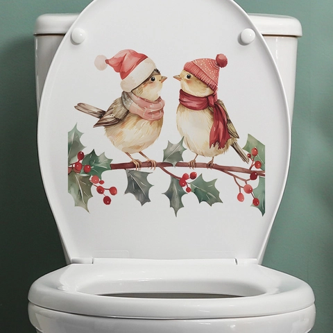 Christmas Cartoon Birds Branch Toilet Sticker Waterproof PVC Watercolor Holly Berries Decal For Bathroom Home Decor