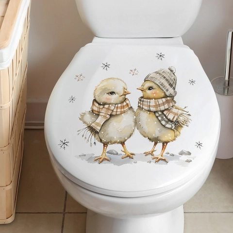 Cartoon Chick Winter Snowflake Toilet Sticker Waterproof PVC Wall Decal For Bathroom Home Decoration Aesthetic Sticker