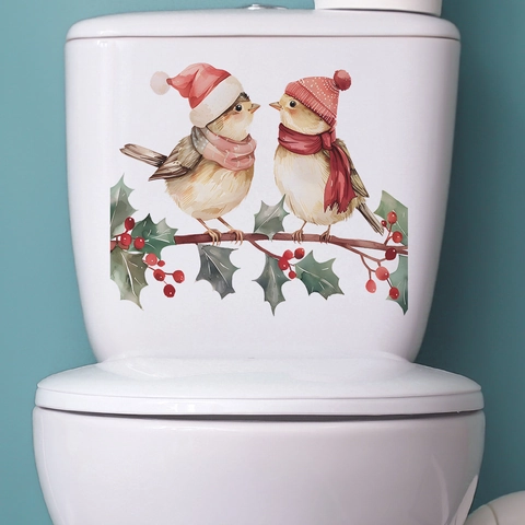 Christmas Cartoon Birds Branch Toilet Sticker Waterproof PVC Watercolor Holly Berries Decal For Bathroom Home Decor