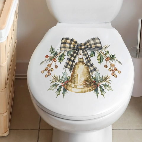 Adesivo per Gabinetto di Natale Campanello d'Oro Fiocco a Quadretti Bacche di Agrifoglio Bagno PVC Impermeabile Decalcomania