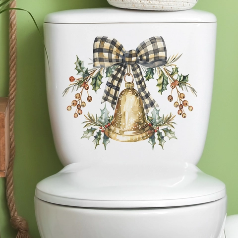 Adesivo per Gabinetto di Natale Campanello d'Oro Fiocco a Quadretti Bacche di Agrifoglio Bagno PVC Impermeabile Decalcomania